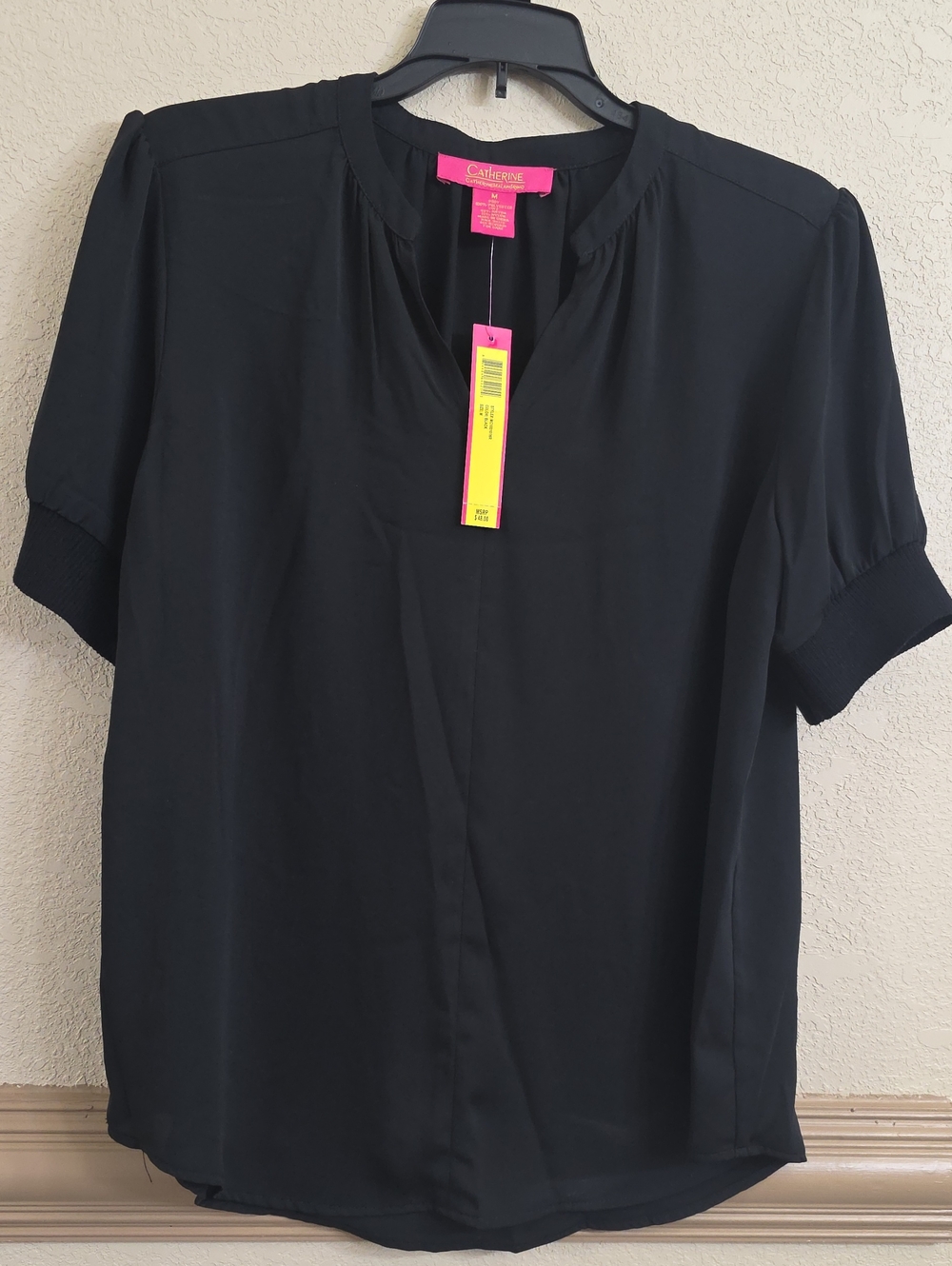 Catherine Malandrino Black Short-Sleeve Split-Neck Blouse with Tab Detail